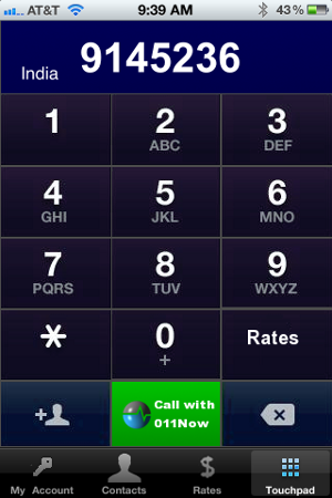 011Now iPhone app touchpad dial screen 011Now iPhone and Android App Offers Cheap International Calls
